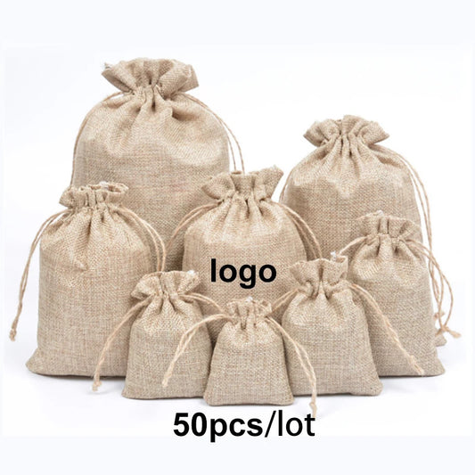 50pcs Small Jute Bags with Personalized Name Gift Bags, Kraft Fabric Bag, Party Favor burlap Bags with Drawstring