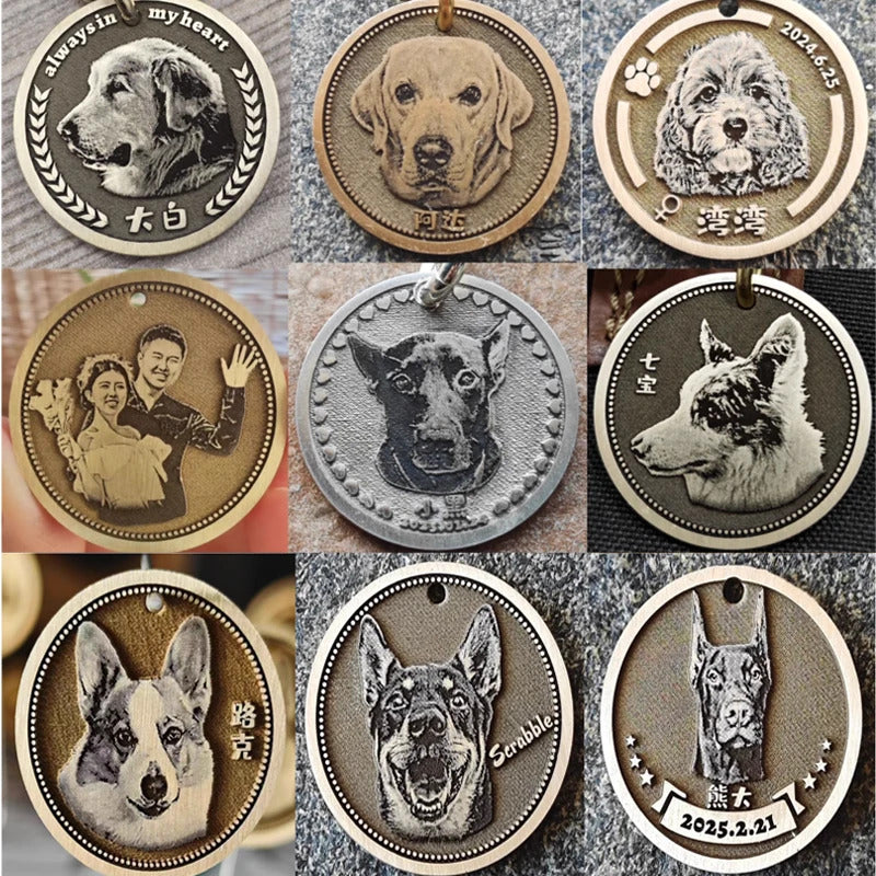Custom Anti-lost Dog ID Tag with Photos Deep Carving Round Cooper Pet Nameplate Engraved Necklace Chain Charm