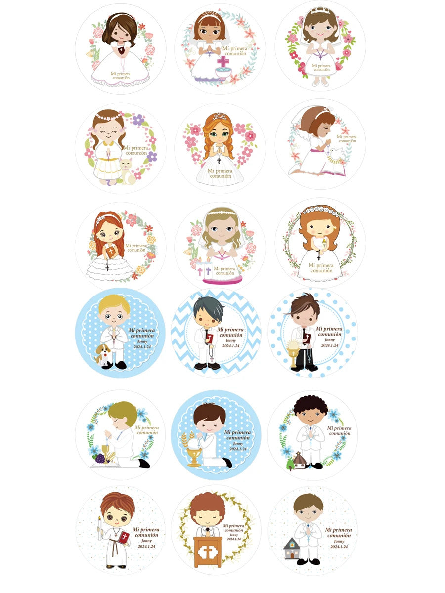 100Pcs Custom primera comunion niños niñas sticker Personalized first communion name stickers for party decoration