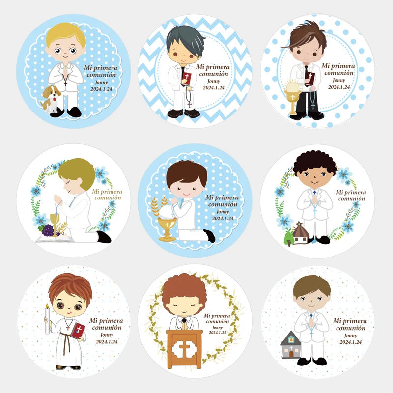 100Pcs Custom primera comunion niños niñas sticker Personalized first communion name stickers for party decoration