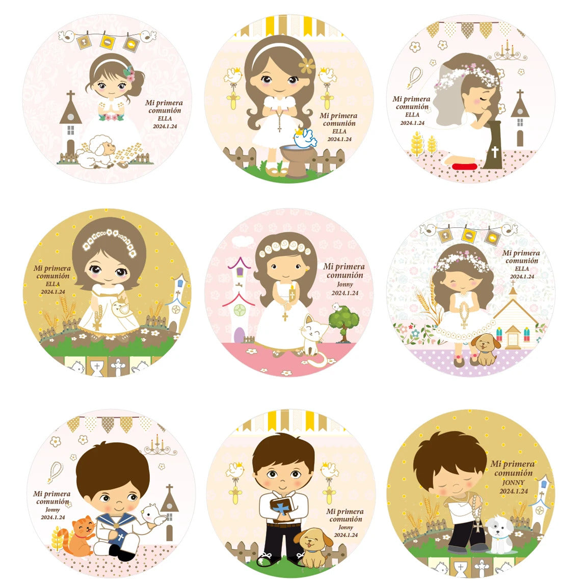 100Pcs Custom primera comunion niños niñas sticker Personalized first communion name stickers for party decoration