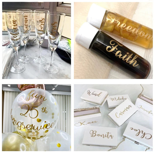 Gold Vinyl Transfer Name Sticker for Wine Bottle, Wedding Balloon Decor, Cut Personal Logo