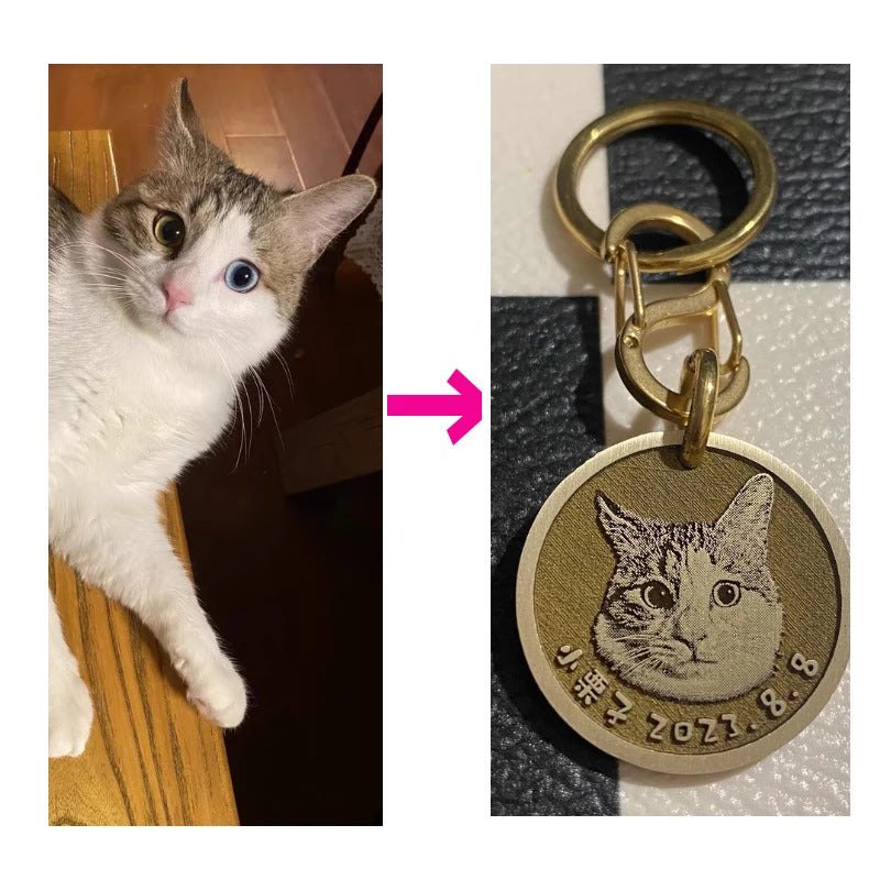 Custom Anti-lost Dog ID Tag with Photos Deep Carving Round Cooper Pet Nameplate Engraved Necklace Chain Charm