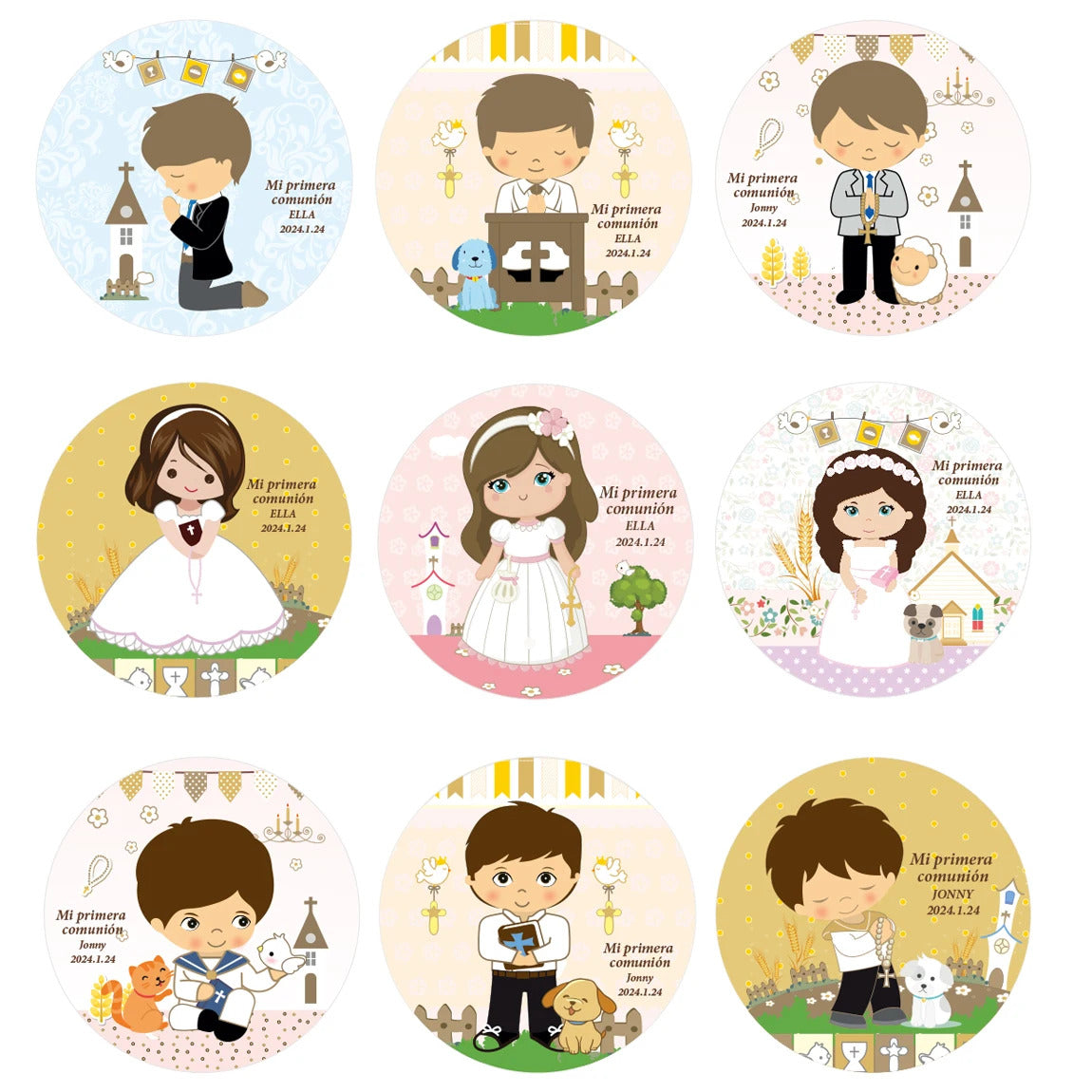 100Pcs Custom primera comunion niños niñas sticker Personalized first communion name stickers for party decoration